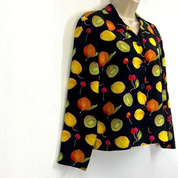 Maggy L - Bright Colorful Fruit Long Sleeve Button Down Silk Top Size 6 Petite - Picture 5 of 13
